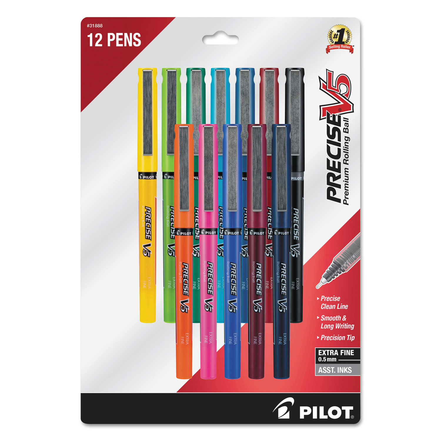 Precise V5 Stick Roller Ball Pen, Fine 0.5mm, Assorted Ink & Barrel, Dozen