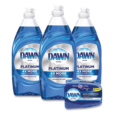 Platinum Liquid Dish Detergent, Refreshing Rain Scent, (3) 24 oz Bottles Plus (2) Sponges/Carton
