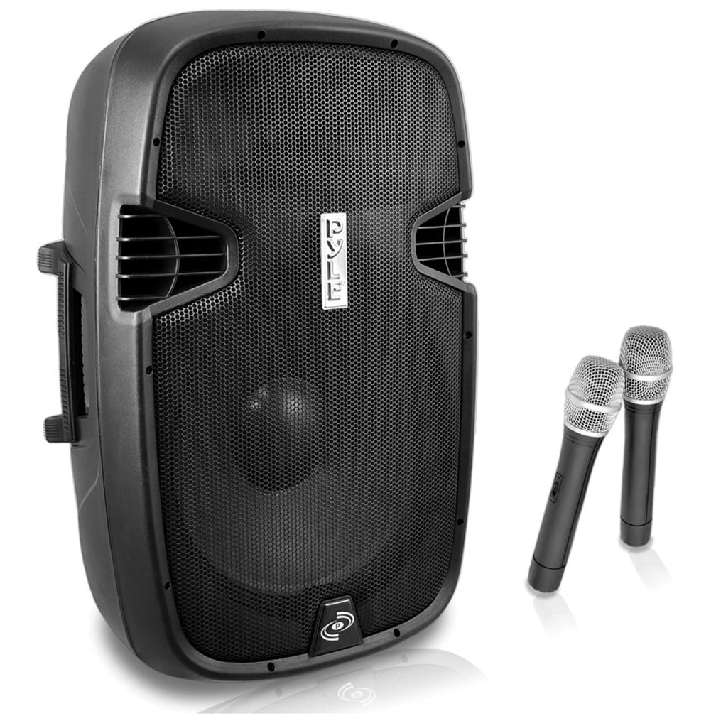 Pyle 12" 1000W BT portable Loudspeaker w/2 wireless mics and remote LCD readout rechargable.