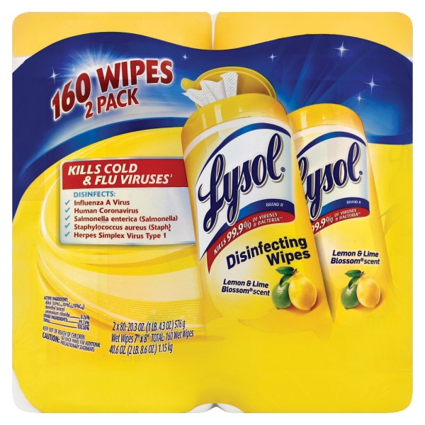 Disinfecting Wipes, Lemon/Lime Blossom, 7 x 8, 80/Canister, 2/Pack