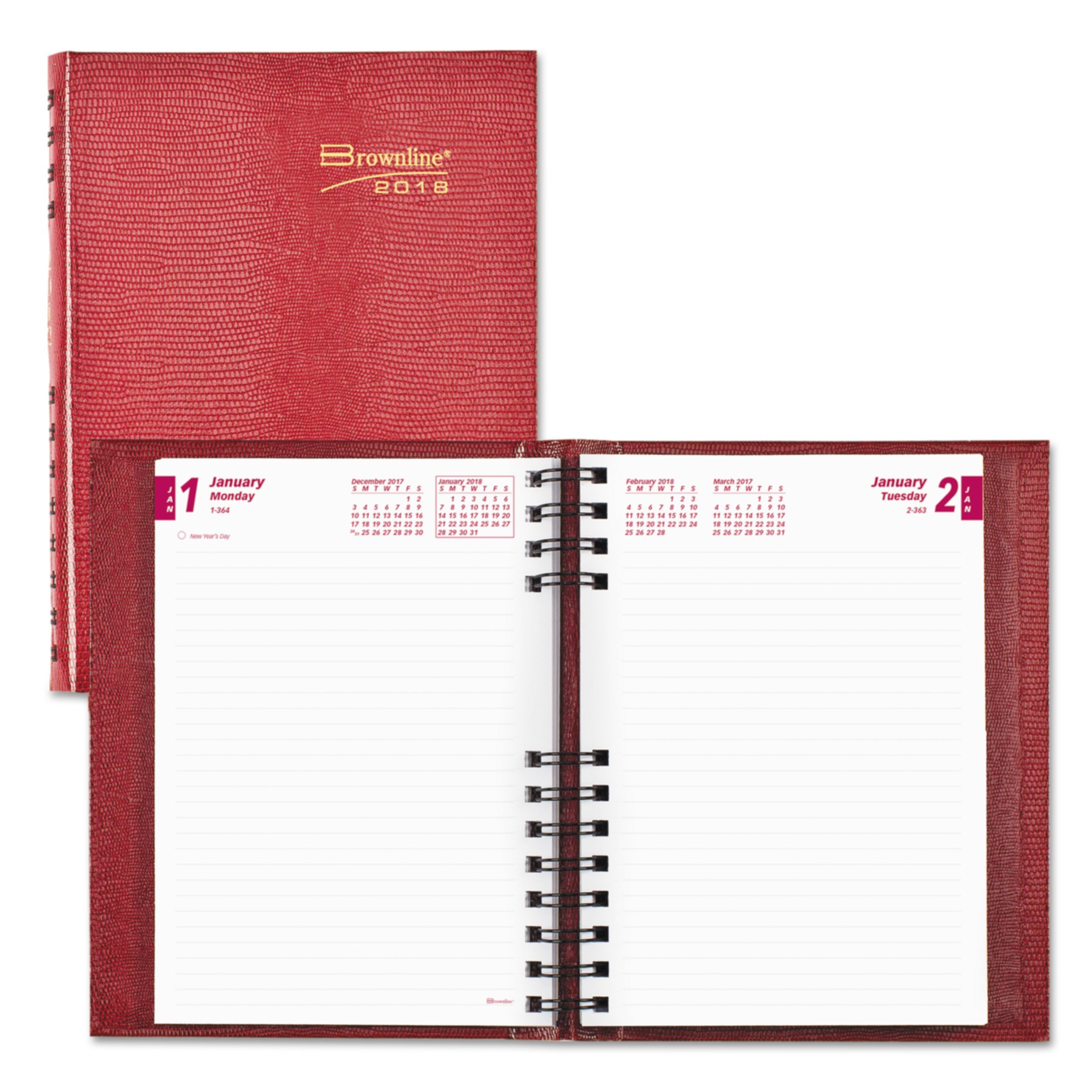 CoilPro Daily Planner, Ruled 1 Day/Page, 8 1/4 x 5 3/4, Red, 2022