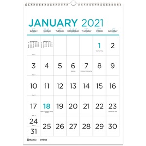 12-Month Large Print Wall Calendar, 12 x 17, White/Blue, 2022
