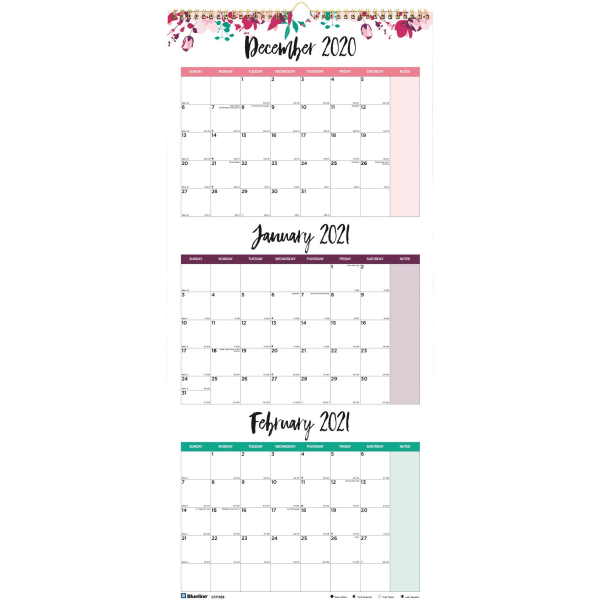 3-Month Wall Calendar, 12.25 x 27, Floral, 2022