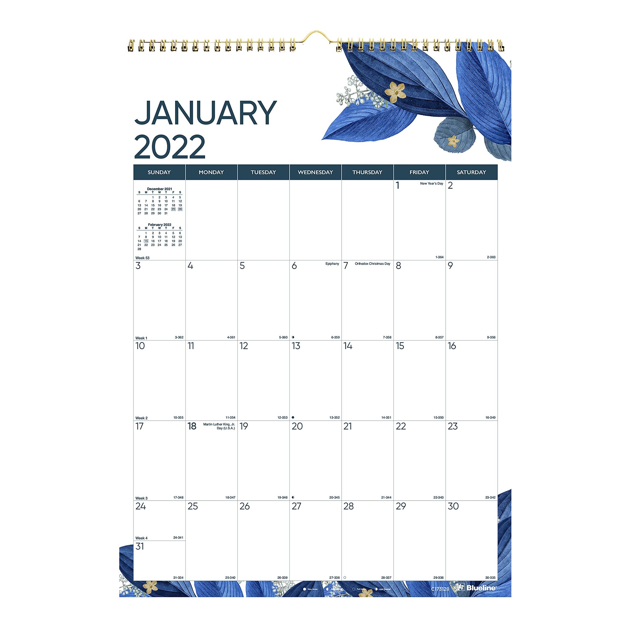 12-Month Colorful Wall Calendar, 12 x 17, Gold Detail; Blue/Purple/White, 2023