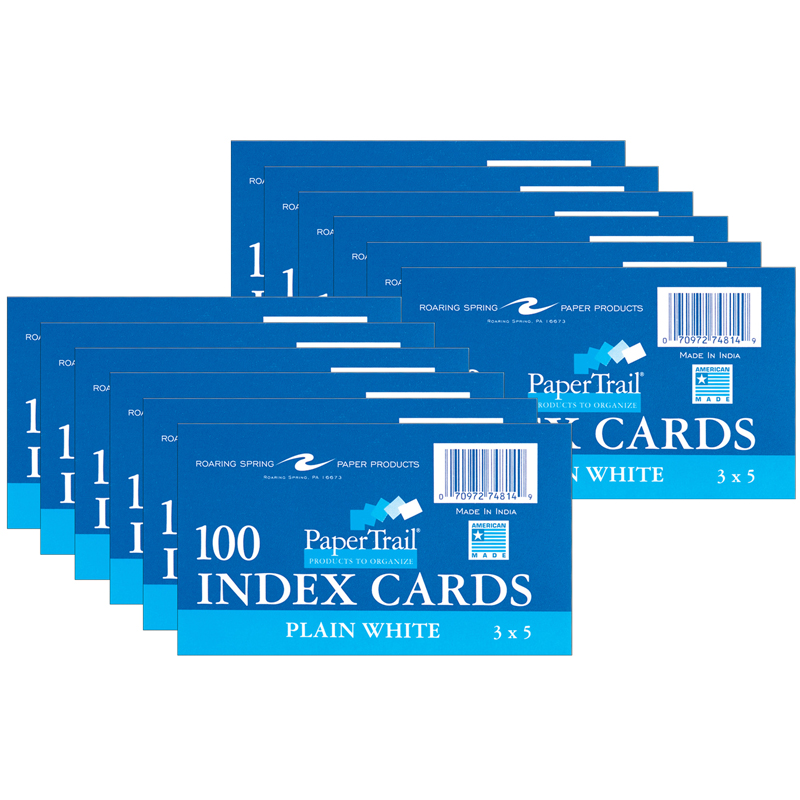 Index Cards, 3" x 5", Unruled, 100 Per Pack, 12 Packs