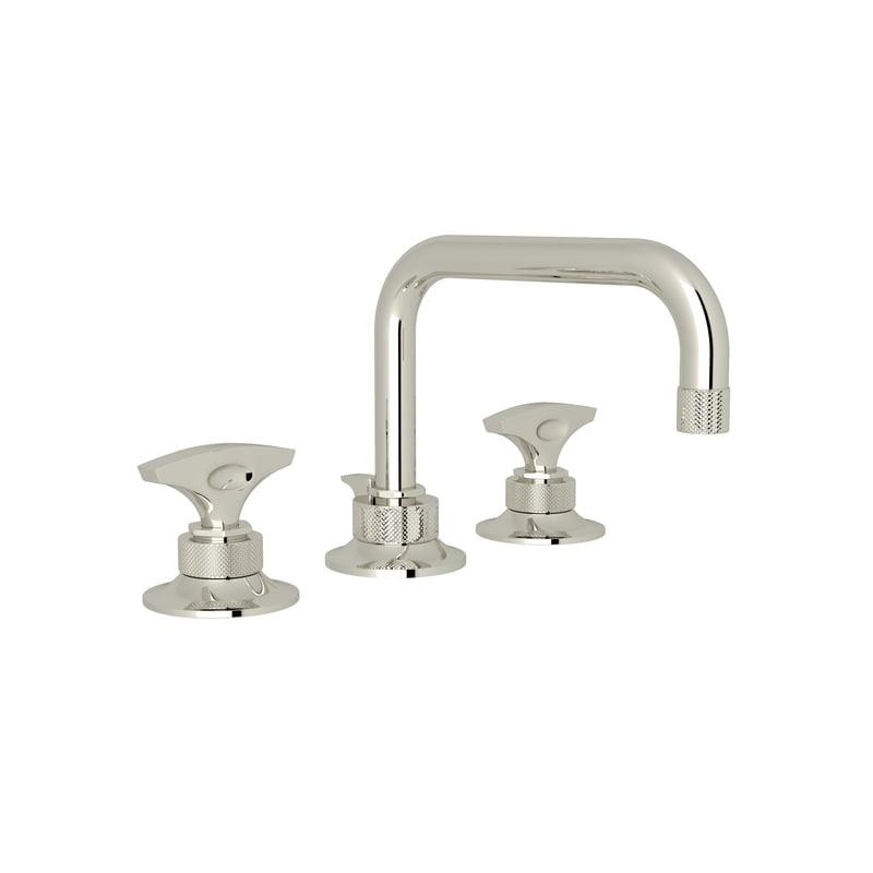 Rohl Michael Berman Graceline Deck Mounted Widespread Lavatory Faucet With 6 11/16 Reach C-Spout Pop-Up Waste And Metal Dials In