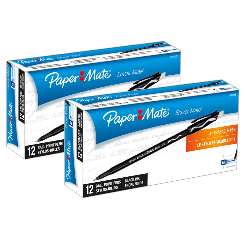 Eraser Mate Pen, Black, 12 Per Pack, 2 Packs