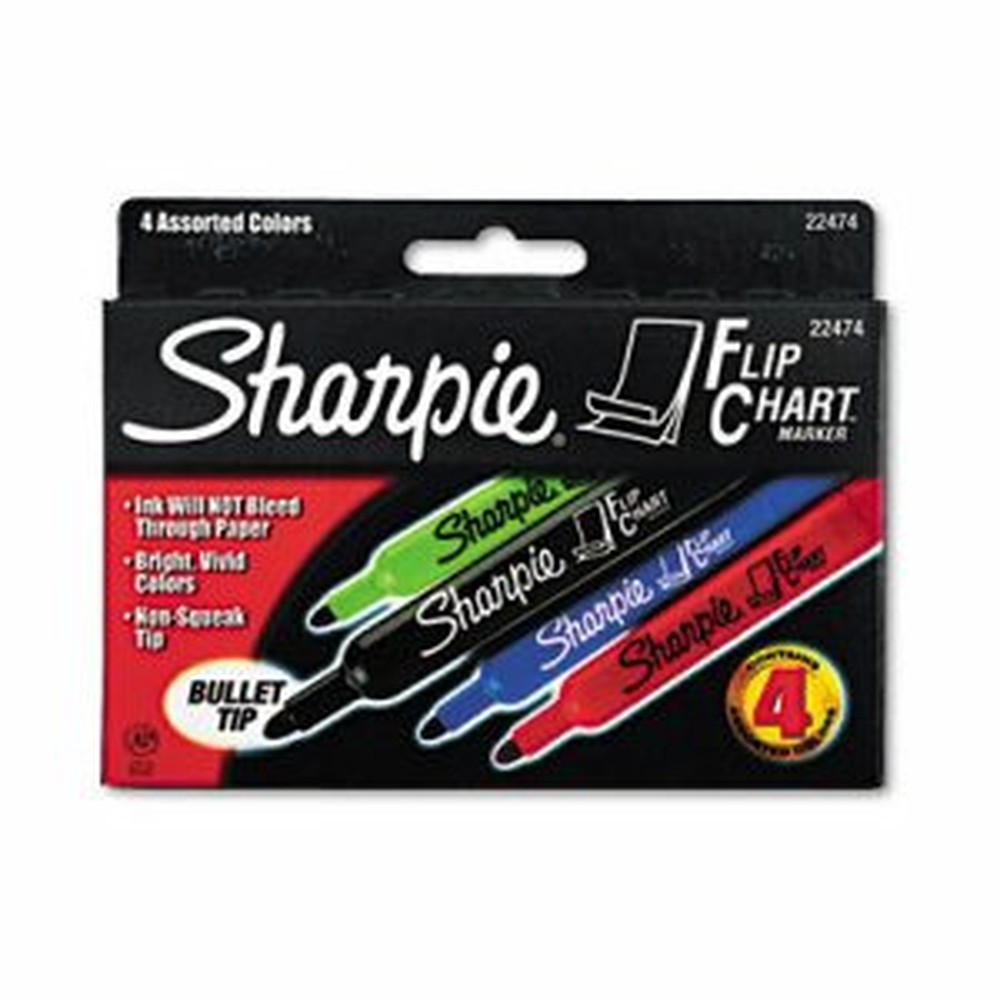 Flip Chart Markers, Bullet Tip, Assorted Colors, Pack of 4
