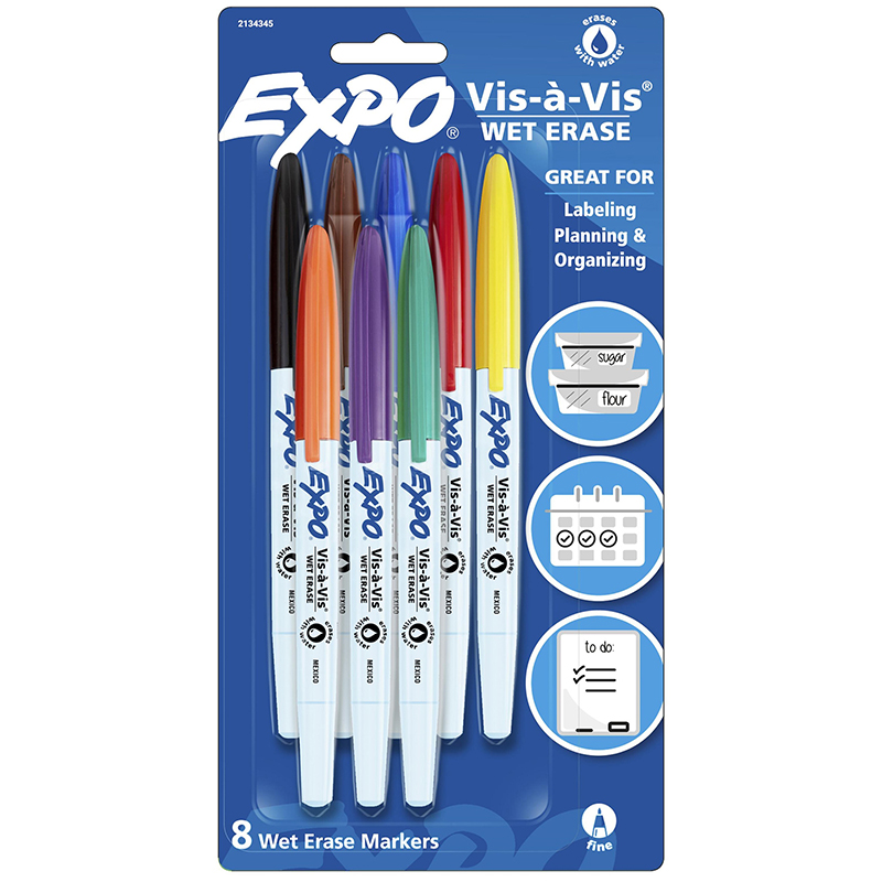 Vis-a-Vis Wet Erase Marker, Fine Bullet Tip, Assorted Colors, 8/Set