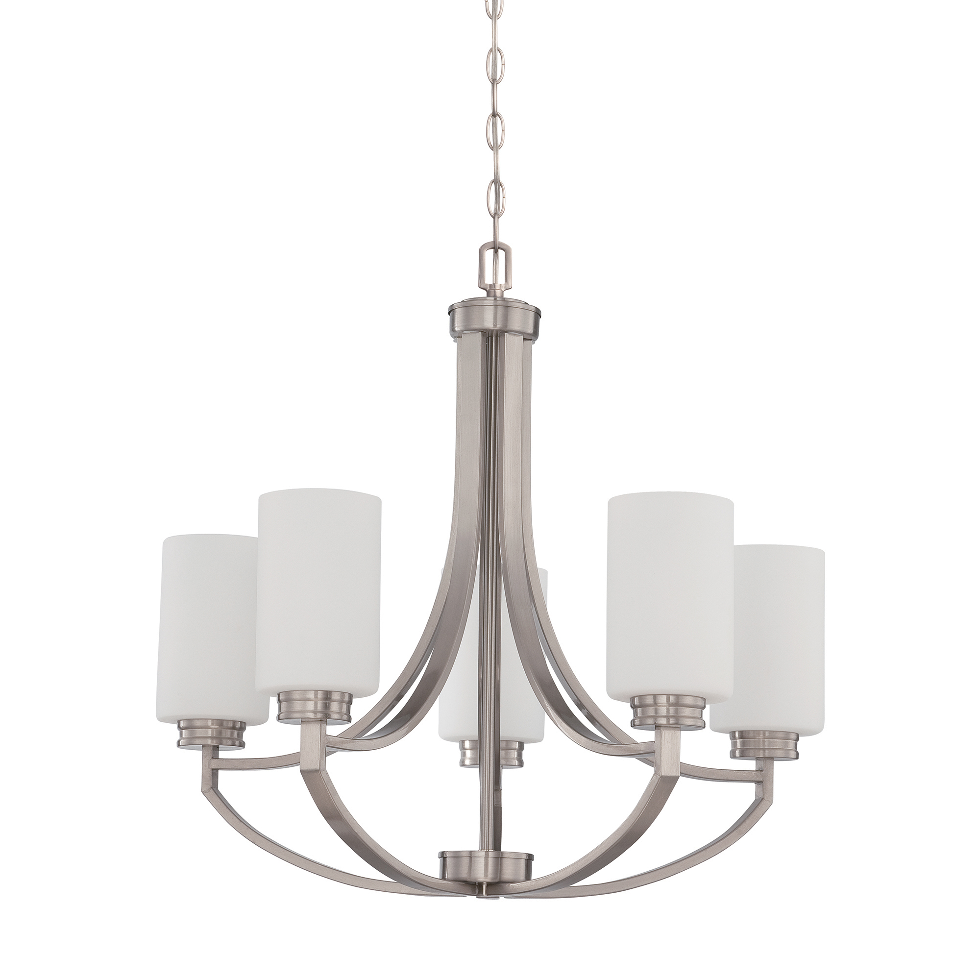 Sunset Lighting Dalton Five Light Chandelier - Opal Etched Glass, Dimmable - With Bright Satin Nickel Finish