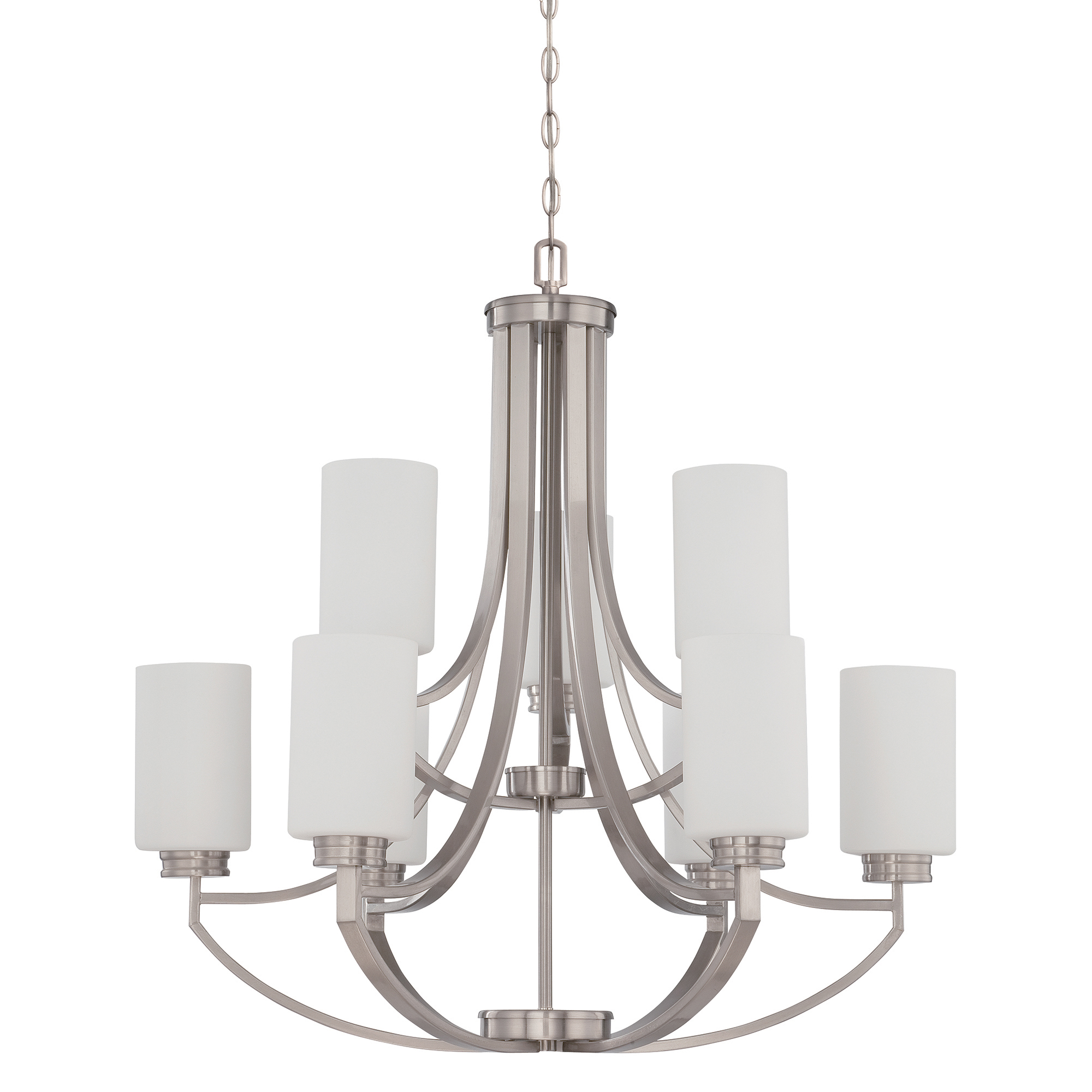 Sunset Lighting Dalton Nine Light Chandelier - Opal Etched Glass, Dimmable - With Bright Satin Nickel Finish