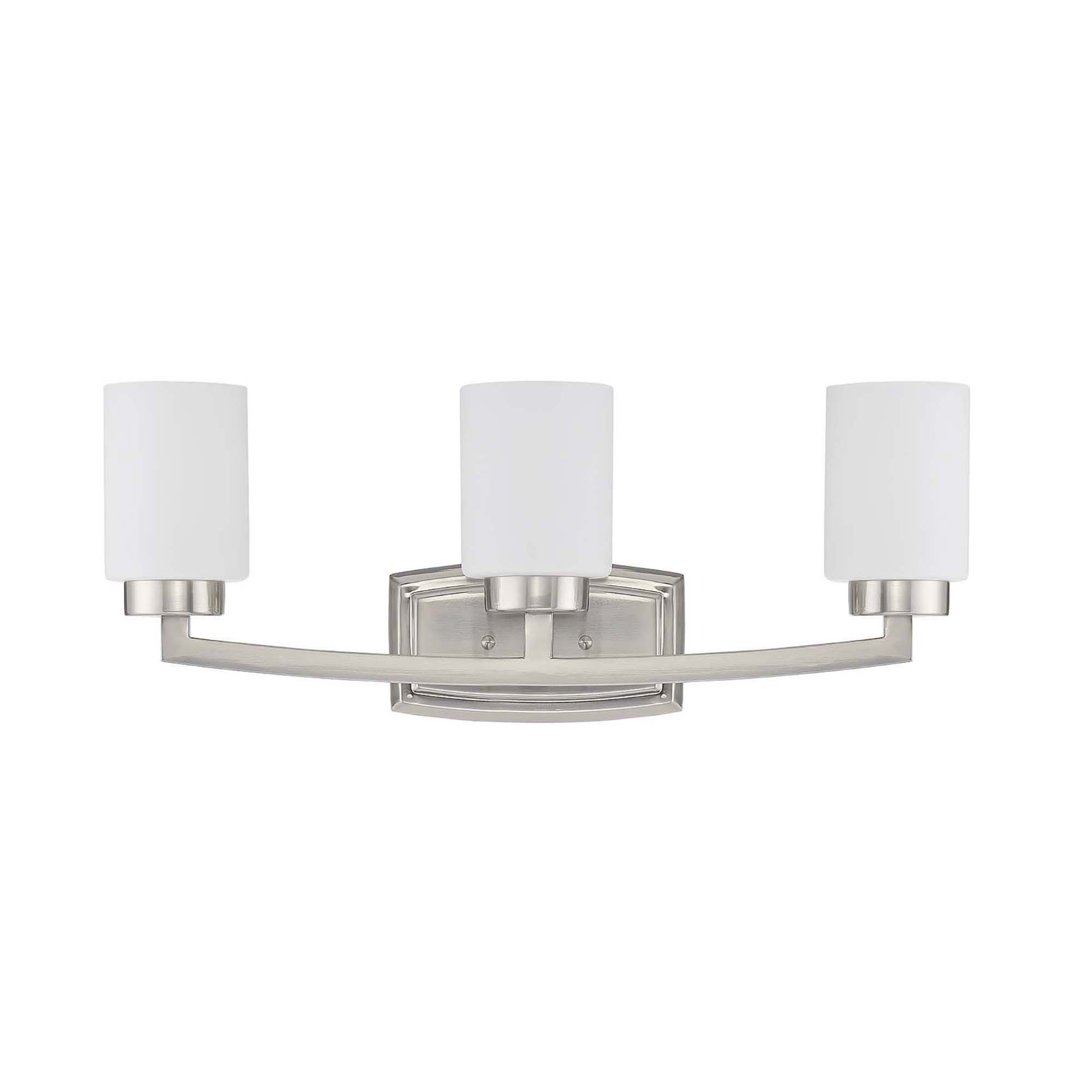 Sunset Lighting Three Light Hadley Vanity - Opal Glass Dimmable - with Bright Satin Nickel Finish