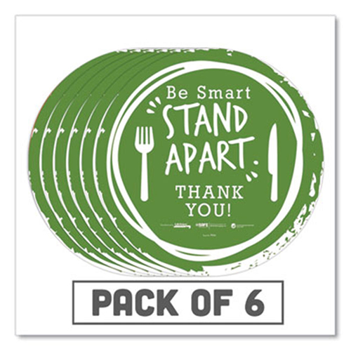 BeSafe Messaging Floor Decals, Be Smart Stand Apart; Knife/Fork; Thank You, 12" Dia., Green/White, 6/Carton