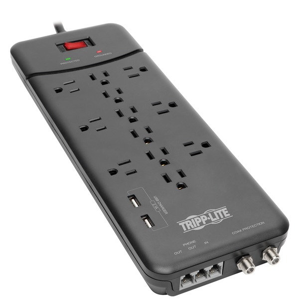 Tripp Lite TLP128TTUSBB Protect It! 12-Outlet Surge Protector with 2 USB Ports, 8ft Cord