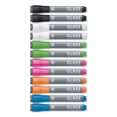 Bullet Tip Low-Odor Liquid Glass Markers with Erasers, Assorted Colors, 12/Pack