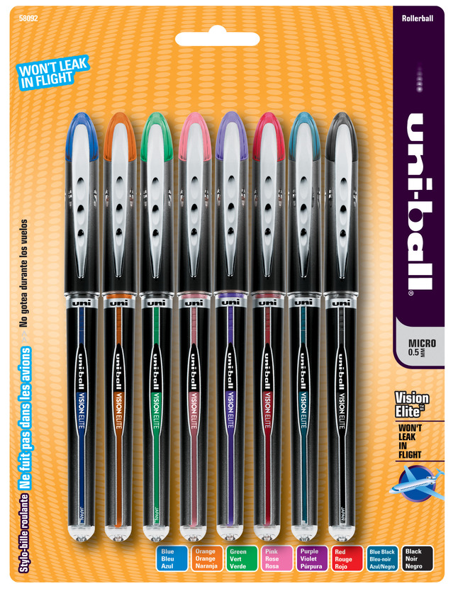 VISION ELITE Stick Roller Ball Pen, Micro 0.5mm, Assorted Ink, Black Barrel