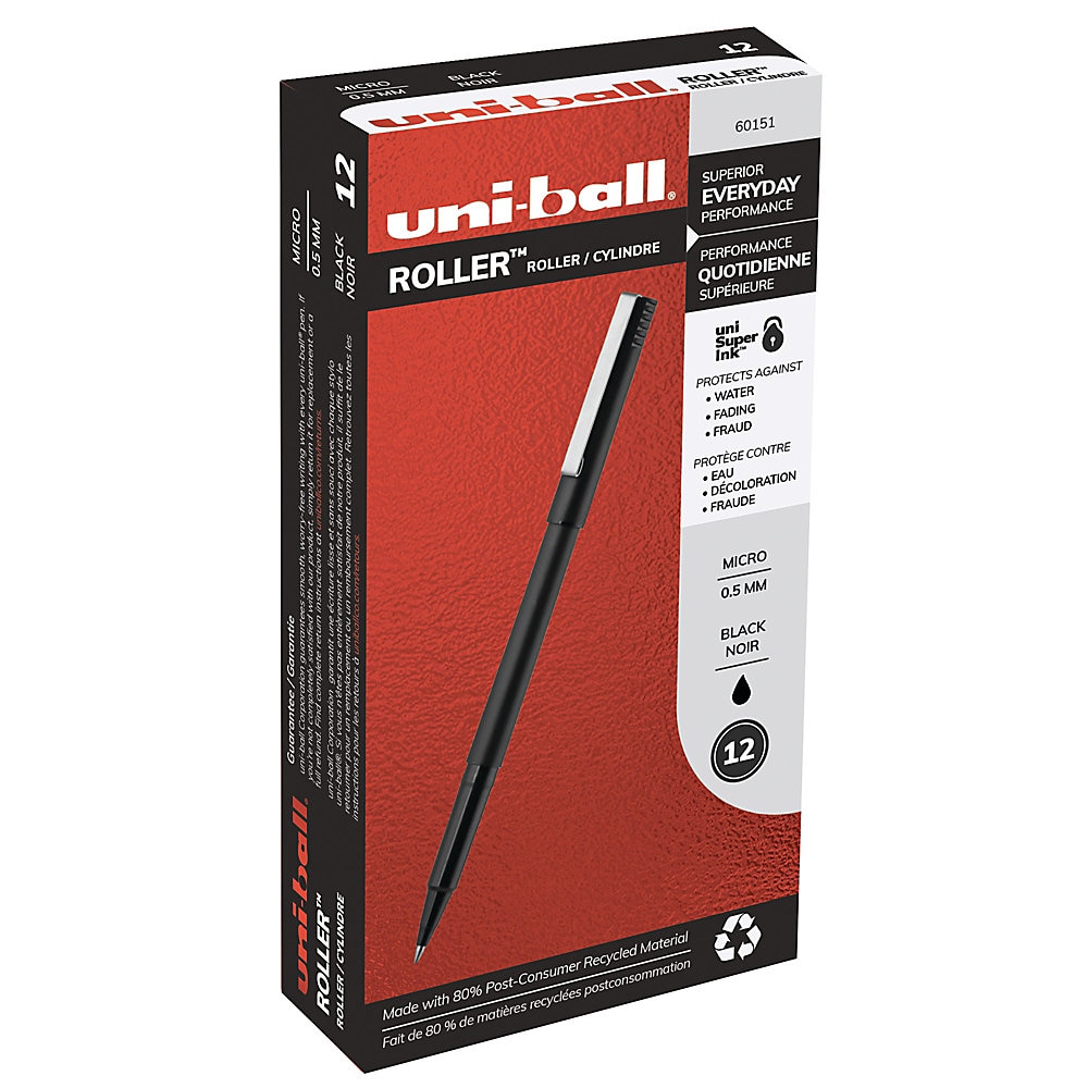 Stick Roller Ball Pen, Micro 0.5mm, Black Ink, Black Matte Barrel, Dozen