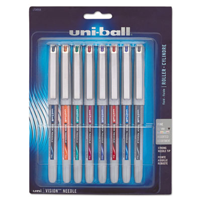 VISION Needle Stick Roller Ball Pen, Fine 0.7mm, Assorted Ink, Silver Barrel, 8/Set