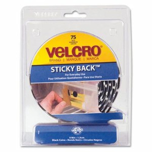 Sticky-Back Hook and Loop Dot Fasteners, 5/8 Inch, Black, 75/Pack