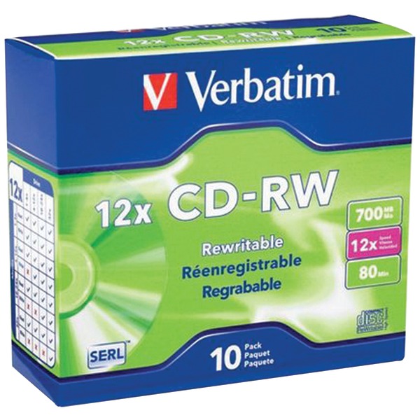 CD-RW, 700MB, 4X-12X High Speed, Branded Surface, 10/Pack Slim Case