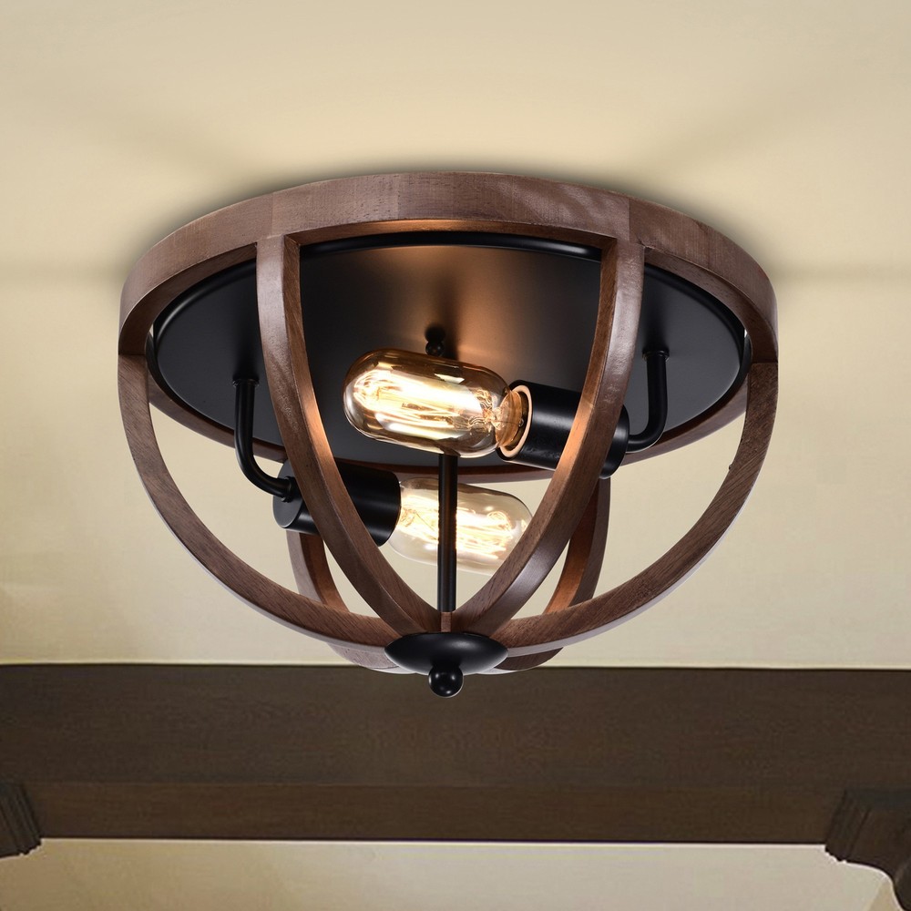 Fanalla 13 in. 2-Light Indoor Brown Faux Wood Grain Finish Flush Mount with Light Kit