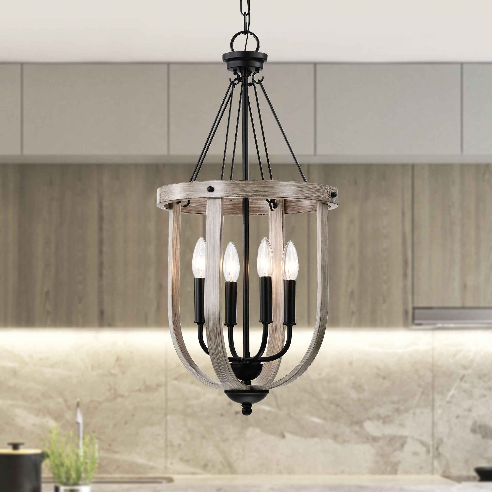 Giano 14 in. 4-Light Indoor Matte Black and Faux Wood Grain Finish Chandelier with Light Kit