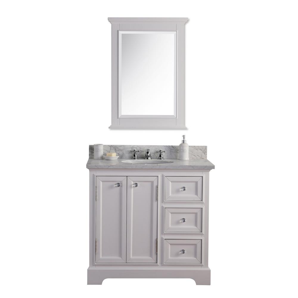36 Inch Wide Pure White Single Sink Carrara Marble Bathroom Vanity With Matching Mirror And Faucet(s) From The Derby Collection