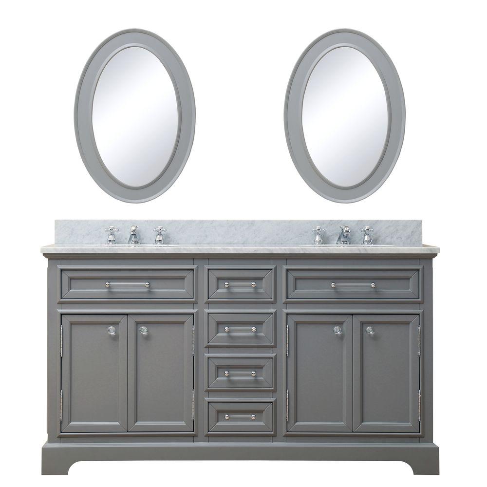 60 Inch Cashmere Grey Double Sink Bathroom Vanity With Matching Framed Mirrors And Faucets From The Derby Collection