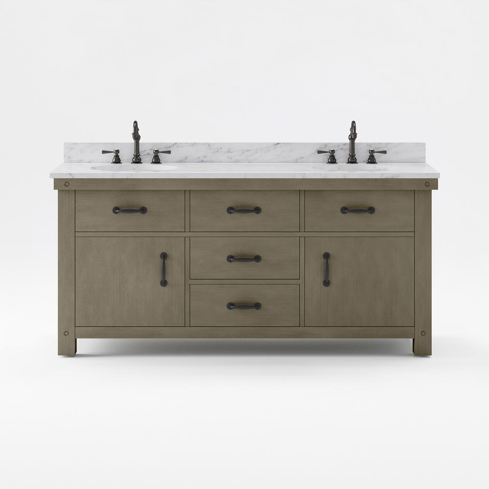 72 Inch Grizzle Grey Double Sink Bathroom Vanity With Faucets With Carrara White Marble Counter Top From The ABERDEEN Collection