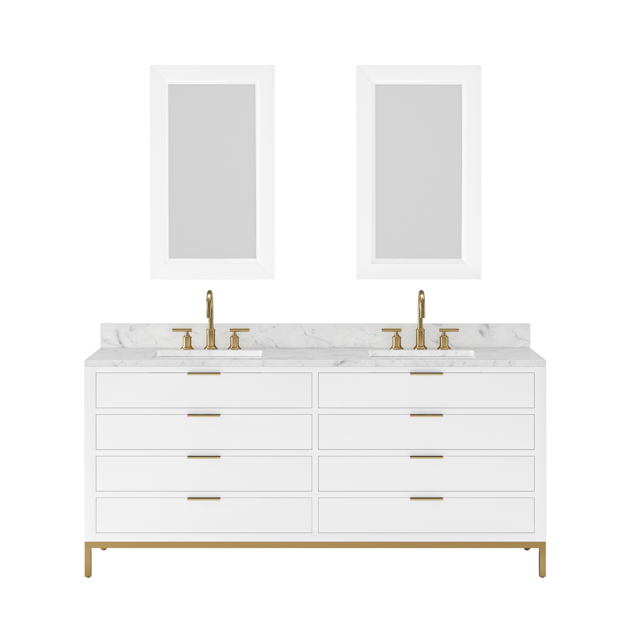 Bristol 72 In. Double Sink Carrara White Marble Countertop Bath Vanity in Pure White with Satin Gold Gooseneck Faucets and Recta
