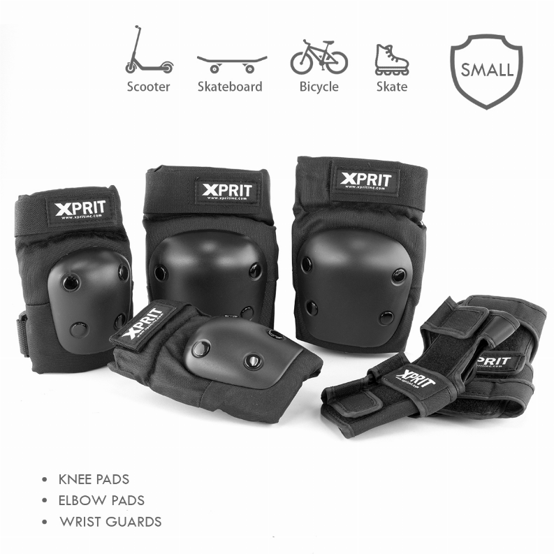 XPRIT Adult/Child Wrist Guards, Knee Elbow Pads 3 in 1 Protective Gear Set for Skateboard, Scooter & Bike - Kids Black