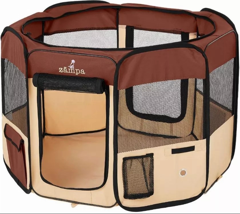 Zampa Portable Foldable Pet playpen Exercise Pen Kennel + Carrying Case - Extra Small (29"x29"x17") Brown