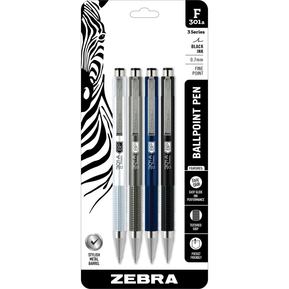 Zebra STEEL 3 Series F-301A Retractable Ballpoint Pen - Fine Pen Point - 0.7 mm Pen Point Size - Retractable - Black - Silver Al