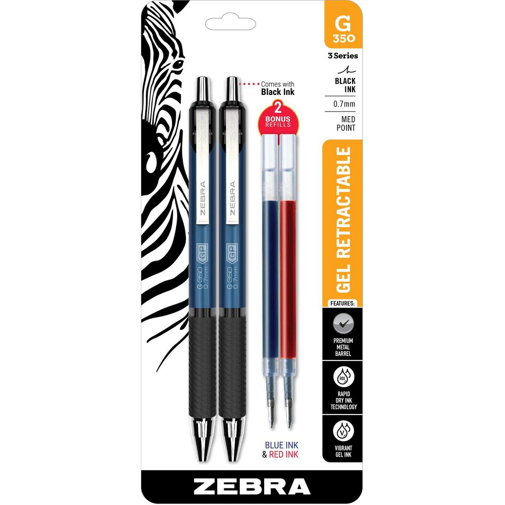 Zebra STEEL 3 Series G-350 Retractable Gel Pen - Gel-based Ink - Metal Barrel - 2 / Pack