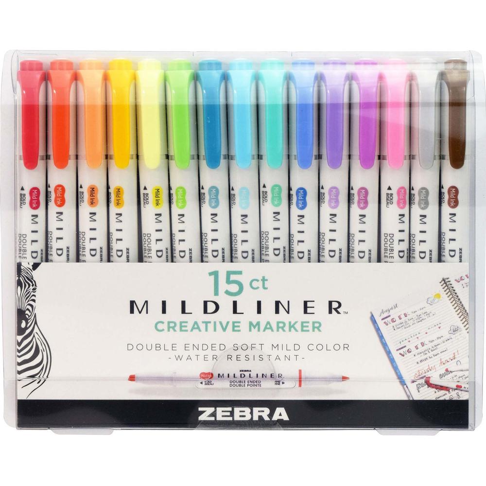 Zebra Pen Mildliner Double-ended Assorted Highlighter Set 15PK - Fine Marker Point - Chisel, Bullet Marker Point Style - Assorte