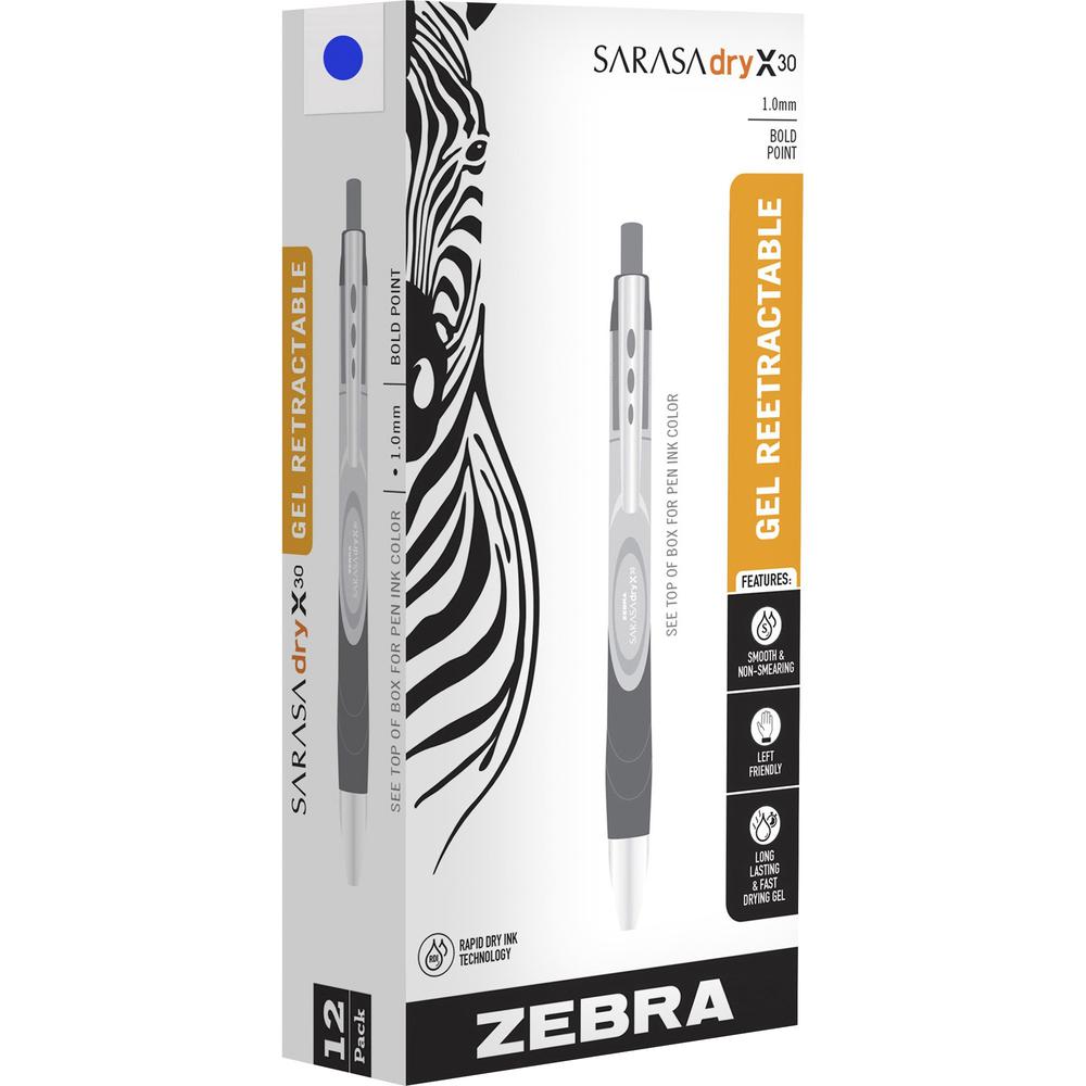 Zebra SARASA dry X30 Retractable Gel Pen - Bold Pen Point - 1 mm Pen Point Size - Retractable - Blue Gel-based Ink - 1 Dozen